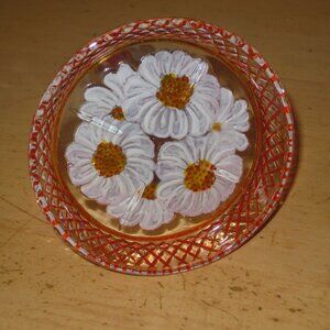 Vintage Art Glass Vase or Candle Holder Orange White Daisy Flower Floral Painted